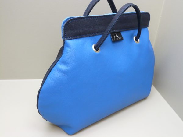 Handtas buffelleer donkerblauw lichtblauw